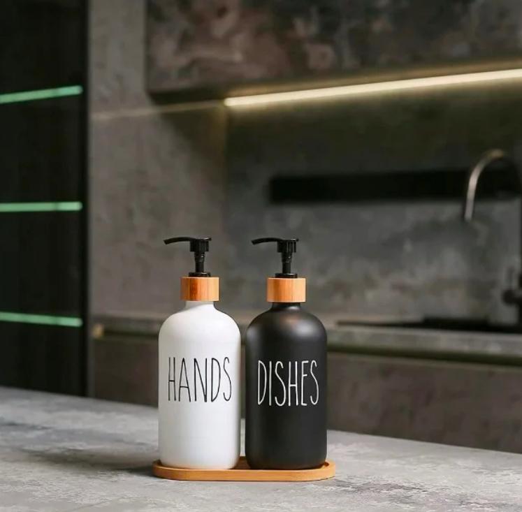 Hand and Dish Soap Glass Dispenser Set with Bamboo Tray - Set of 2