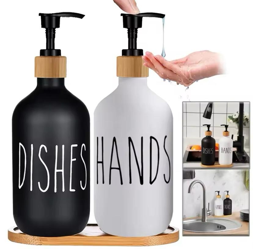 Hand and Dish Soap Glass Dispenser Set with Bamboo Tray - Set of 2