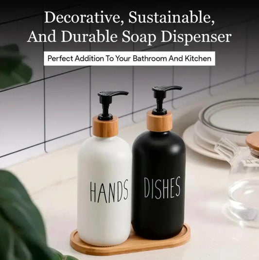 Hand and Dish Soap Glass Dispenser Set with Bamboo Tray - Set of 2